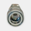 Coupleur femelle passage libre 3/8″ ISO A, retour huile sur circuit agricole, purge flexible automatisme industriel, branchement direct mini-pelle, compatibilité embout ISO standard, test pression maintenance atelier.