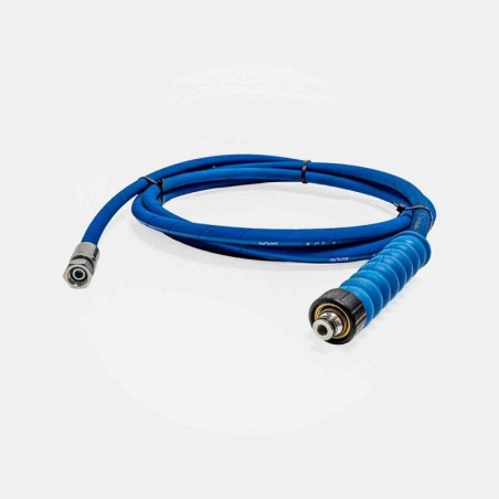Flexible de nettoyeur haute pression 10 m bleu, renforcé acier, pour usage intensif. Raccords femelle M22 d’un côté et femelle 3/8″ de l’autre, avec protection anti-coude. Idéal pour nettoyeurs professionnels eau froide ou eau chaude (jusqu’à 155 °C, 250 bar).