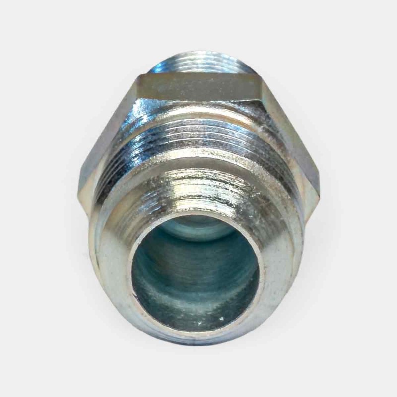 Adaptateur JIC 1/2″ UNF x BSP 3/8″ conique, montage flexible mini-pelle, adaptation vérin industriel, réparation distributeur agricole, maintenance centrale hydraulique, raccordement sur ligne robotisée.