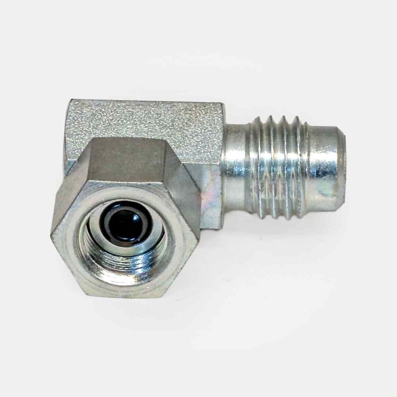 Adaptateur JIC 9/16″ UNF x BSP 1/4″ conique, capteur hydraulique robot usine, raccord flexible agriculture, dépannage distributeur TP, montage instrumentation automatisée.