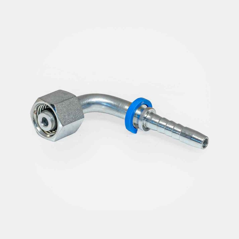 Embout sertir coude 90° SJ‑S13 Ø 15 mm pour flexible presse plieuse industrielle, adaptation circuit grue mobile chantier, instrumentation robot tri automatisé, maintenance branchement flexible agricole ou forestier.