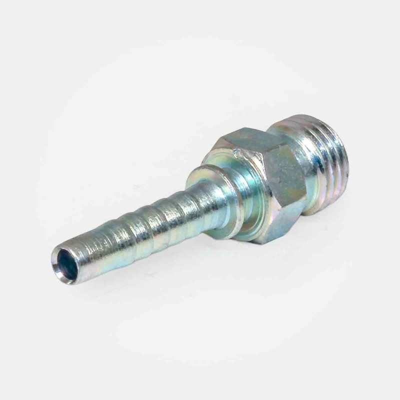 Embout à sertir droit SJ‑S16 Ø18 mm pour tuyau R2AT, montage pompe pelle Hyundai, maintenance circuit freinage tracteur, adaptation convoyeur robot industriel, raccordement ligne hydraulique automatisée.