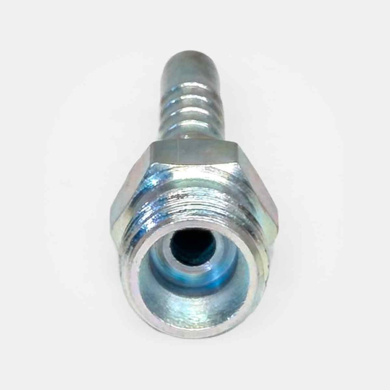 Embout à sertir droit SJ‑S16 Ø18 mm pour tuyau R2AT, montage pompe pelle Hyundai, maintenance circuit freinage tracteur, adaptation convoyeur robot industriel, raccordement ligne hydraulique automatisée.