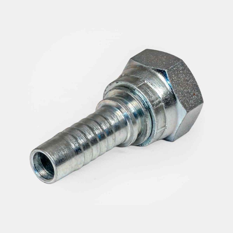 Embout à sertir femelle SJ‑S19 BSP 3/4″ pour tuyau DN25, montage pompe tracteur, raccord bétonnière TP, connexion circuit lubrification station portuaire, maintenance machine scierie industrielle.