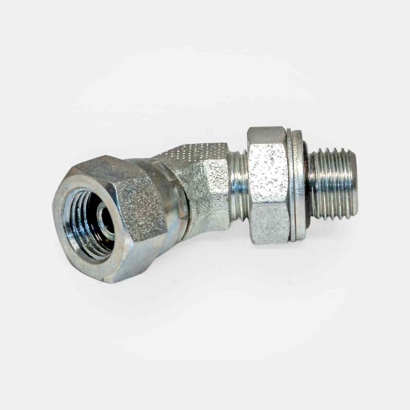 Raccord coudé 45° femelle 1/2″ BSP x mâle 1/2″. Utilisé lorsque l’alignement d’un flexible nécessite un coude modéré plutôt qu’un angle droit complet – par exemple pour connecter un flexible sur une pompe avec un angle de 45° sans contrainte.