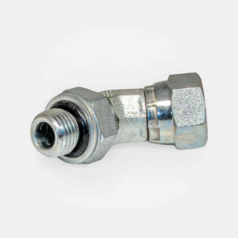 Petit coude 45° femelle 1/4″ BSP x mâle 1/4″, installation hydraulique ou pneumatique compacte, orientation flexible sous angle réduit, raccordement optimisé pour réseau lubrification ou air comprimé.