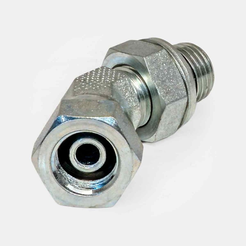 Petit coude 45° femelle 1/4″ BSP x mâle 1/4″, installation hydraulique ou pneumatique compacte, orientation flexible sous angle réduit, raccordement optimisé pour réseau lubrification ou air comprimé.