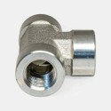 Raccord en T femelle 1″ BSP à 3 ports, répartition huile hydraulique sur deux circuits, distribution haute pression pour vérins, accessoires ou alimentation parallèle industrielle ou agricole.