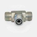Raccord té MORFS 1″ mâle-mâle, jonction flexible remorque agricole, division circuit benne TP, adaptation centrale levage portuaire, réparation convoyage automatisé.