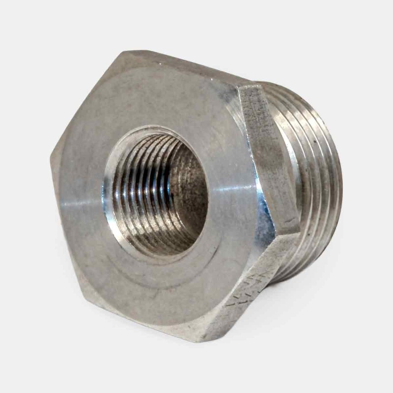 Adaptateur inox droit UMF 3/4″ mâle – 1/2″ femelle pour montage flexible alimentaire, raccordement pompe inox, maintenance circuit hydraulique atelier, branchement sur équipement agroalimentaire