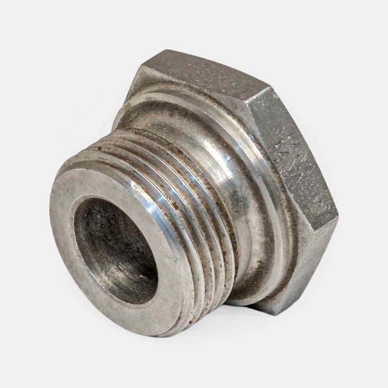 Adaptateur inox droit UMF 3/4″ mâle – 1/2″ femelle, montage flexible alimentaire, raccordement pompe inox, maintenance circuit hydraulique atelier, branchement équipement agroalimentaire pro.