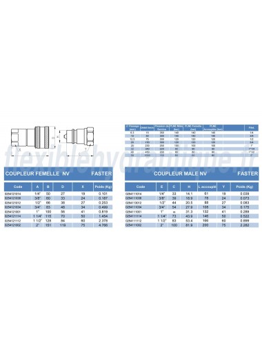 Coupleur FASTER NV14GAS M - Mâle 1/4Fiche Technique